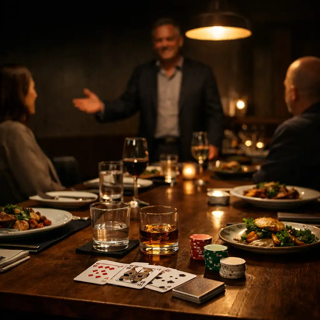Long restaurant table with plated food, glassware, cards and chips during an evening gathering.