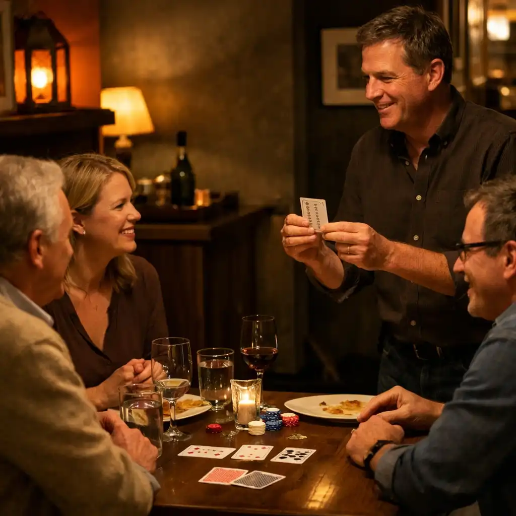 Host speaking with guests at a restaurant table with dinnerware, cards and chips.