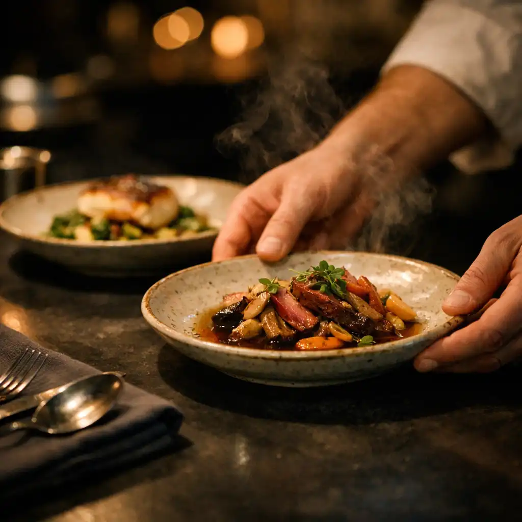 Chef's hands placing a finished plate at a dark restaurant kitchen pass.