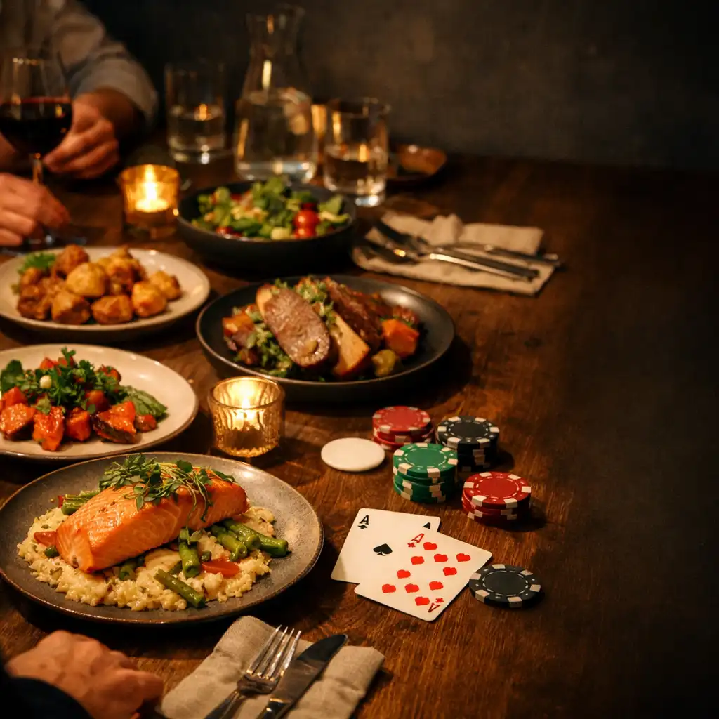 Seasonal restaurant dishes and shared tableware beside cards and chips on a warmly lit dining table.