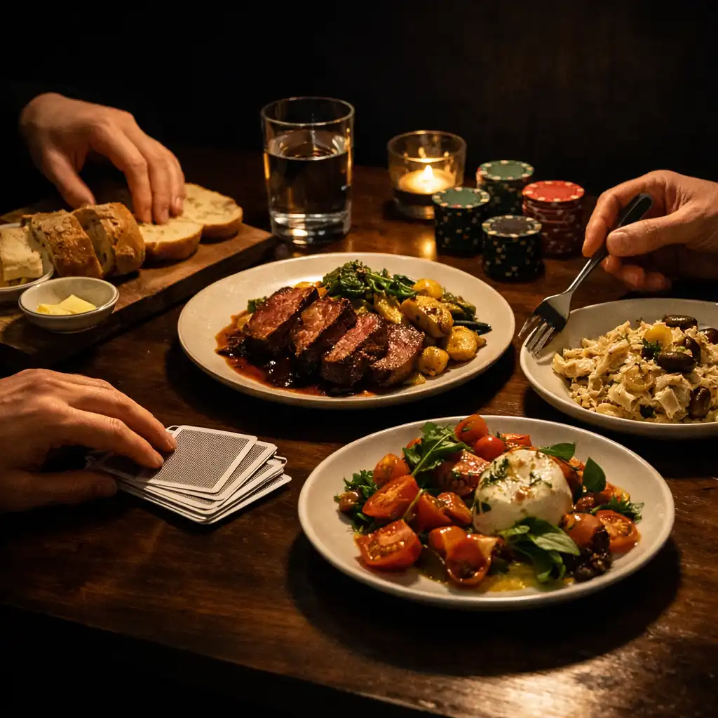 Shared late-evening dishes and glassware beside neatly arranged cards and chips at a restaurant table.