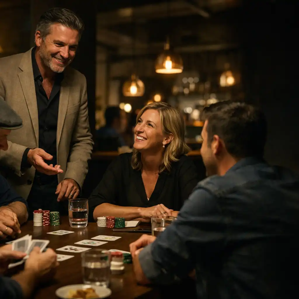 Host guiding guests around a warmly lit restaurant table with cards, chips and supper.