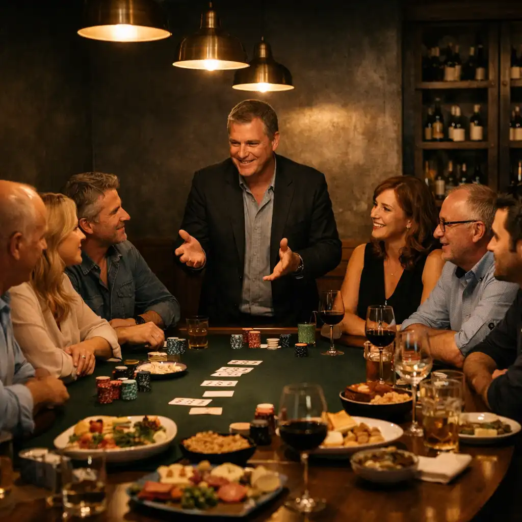 Private restaurant gathering around a long table as a host explains a table ritual.