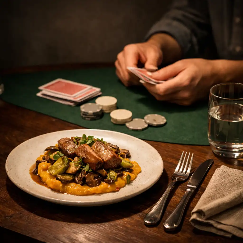 Plated supper beside cards and a guest’s hands at a warmly lit restaurant table.