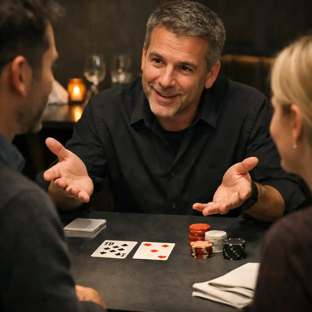 An attentive host gesturing across cards and chips while speaking with seated restaurant guests.