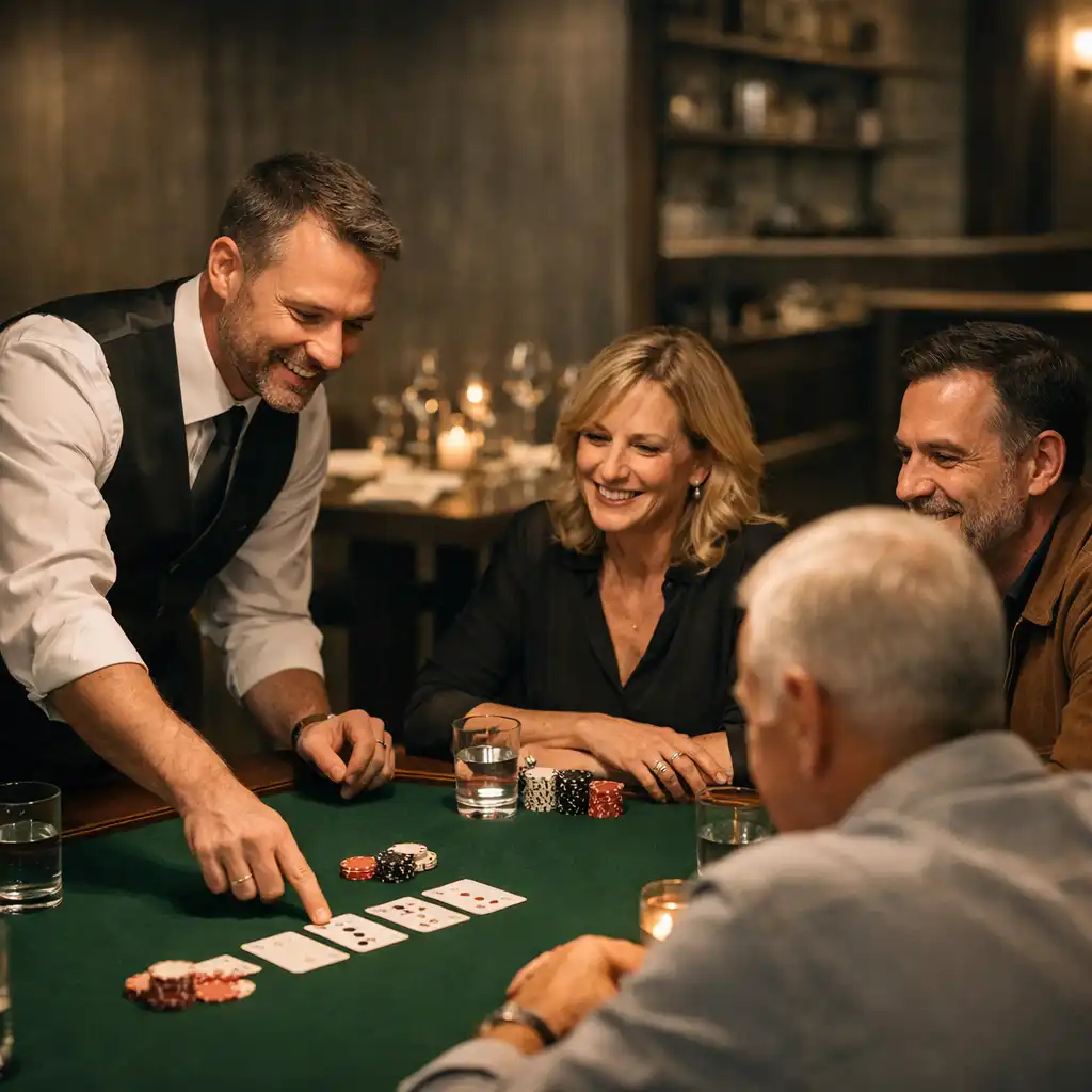 A restaurant host gently guiding adult diners around a table with cards and chips.