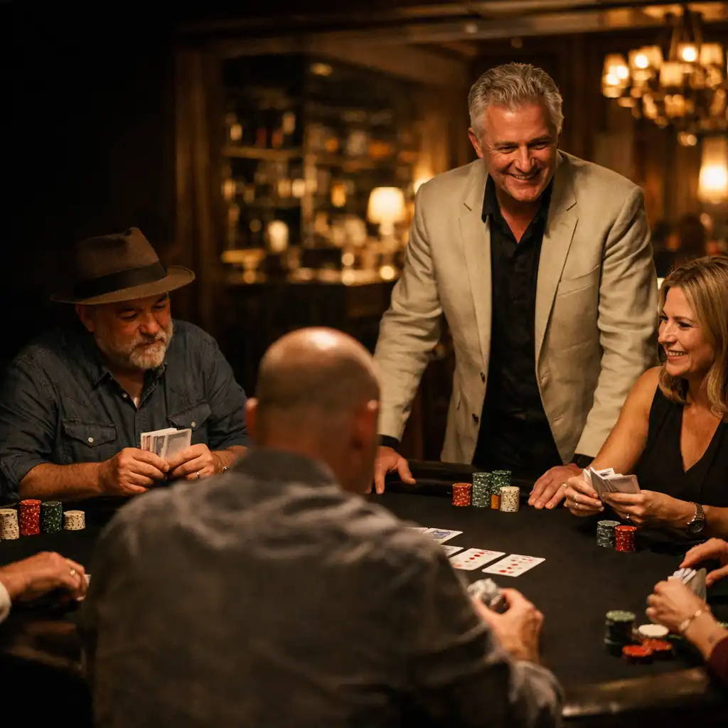 A host guiding adult guests around a card table in a warmly lit restaurant room.