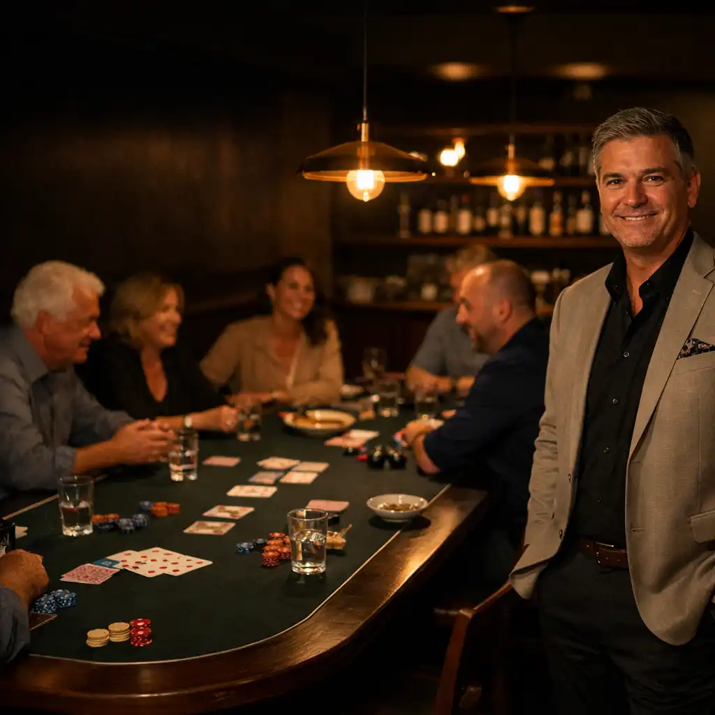 Host and guests sharing cards, non-cash chips and small plates at a restaurant table