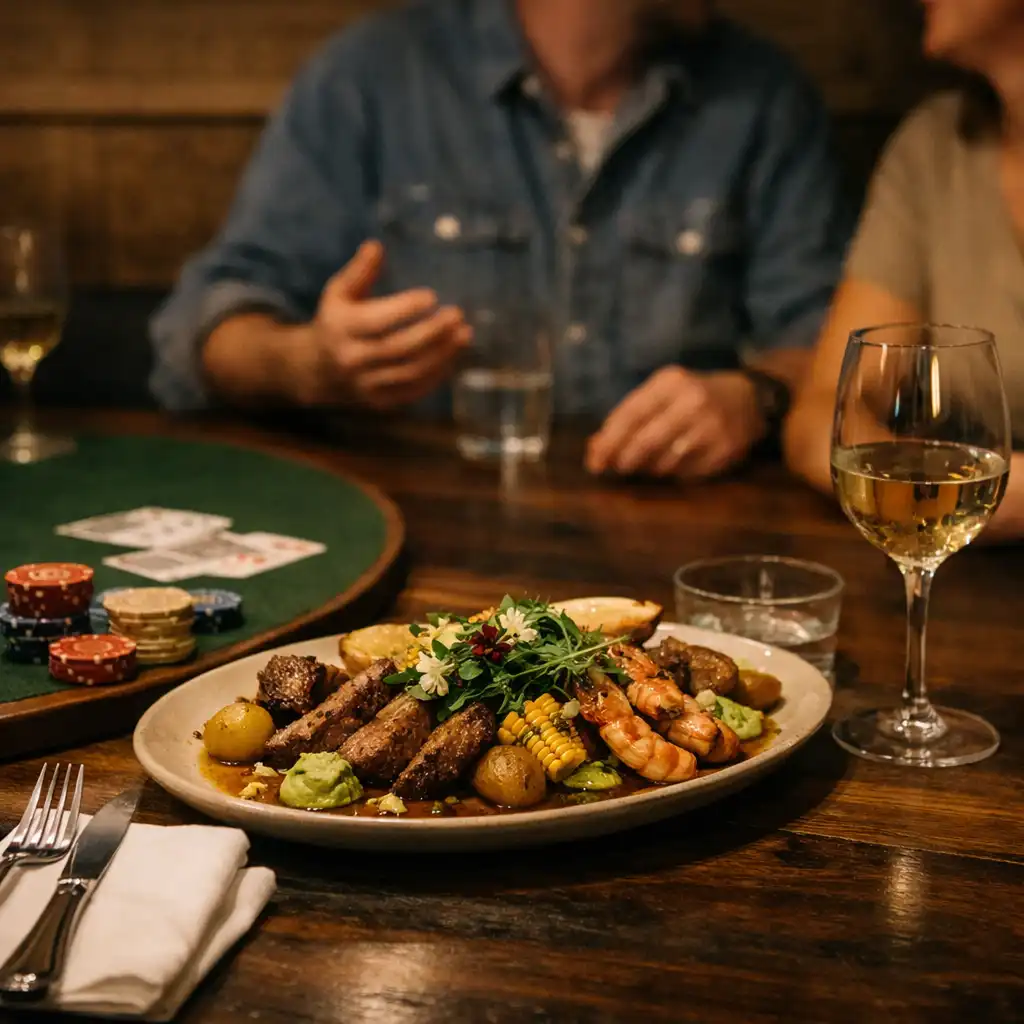 Plated supper beside cards and guests' hands at a softly lit restaurant table