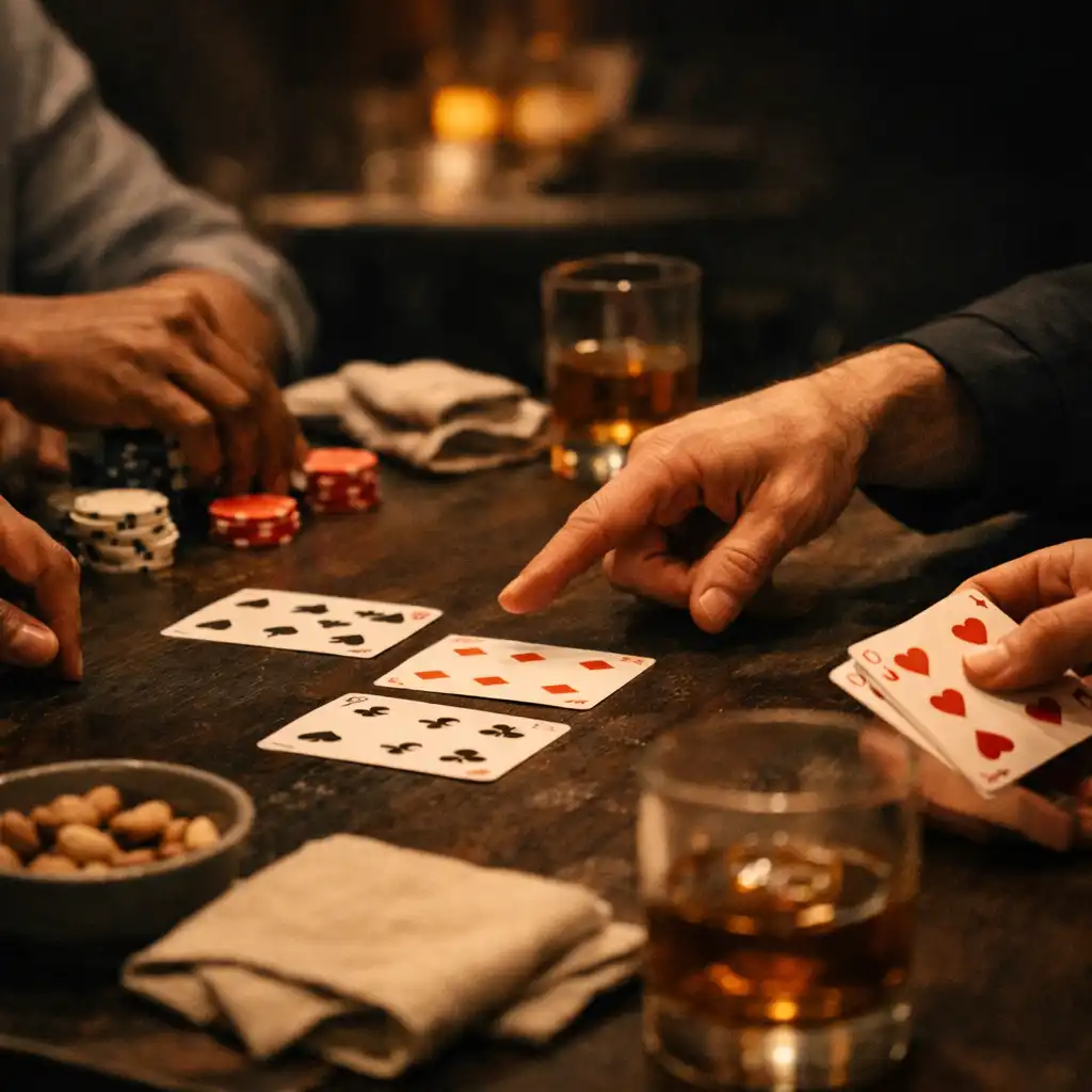 Guests' hands arranging cards and non-cash chips while a host gestures across a restaurant table
