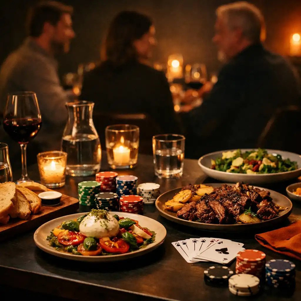Shared dishes, glassware, cards and chips on a warm restaurant supper table