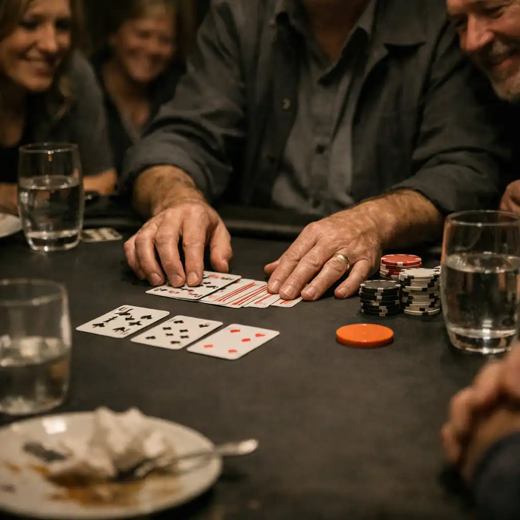 Host arranging cards and chips while guests gather around a restaurant table