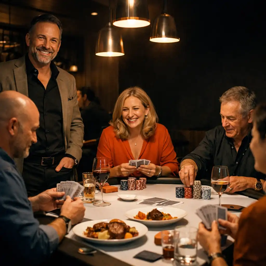 Host beside a shared dinner table with guests, cards and chips