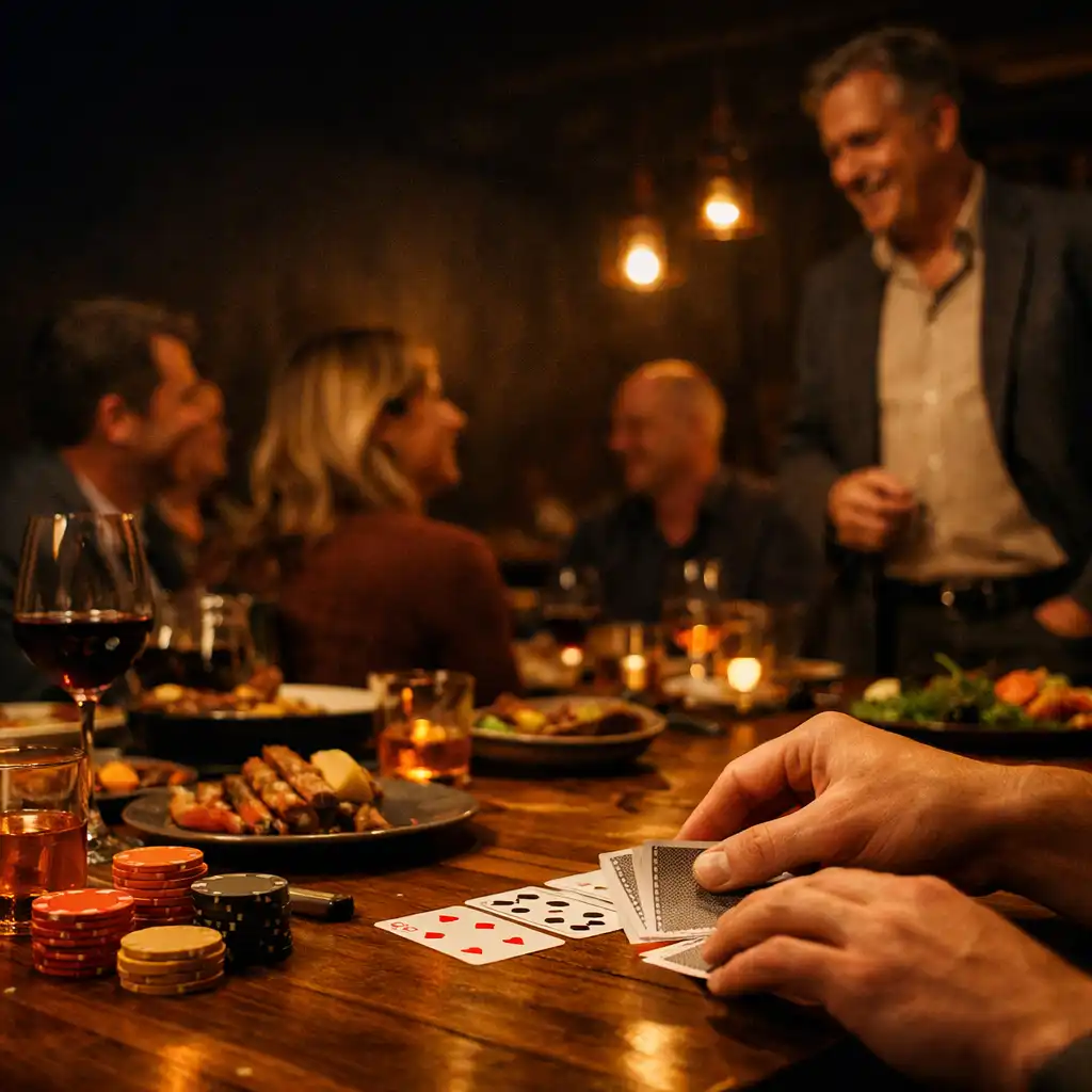 A warmly lit restaurant card-room table with shared plates, cards and guests in conversation.