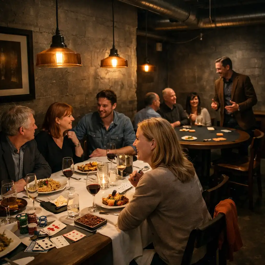 Adult friends sharing dinner and conversation in a moody restaurant card room while a host welcomes the table.